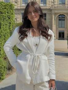 HH 女式白色翻领长袖系带西装外套 - 白色 - 查看 4