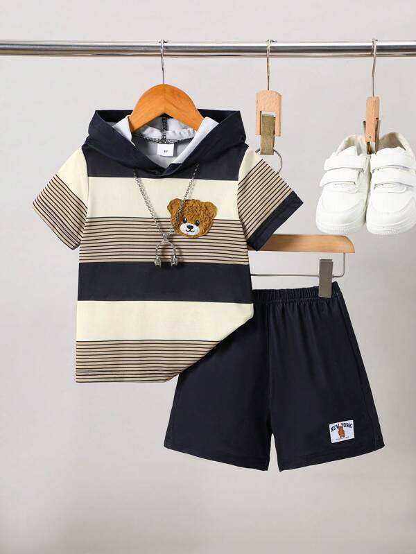 2pcs/Set Cute Toddler Boys' Sporty Outdoor Casual Colorblock Bear Print Short Sleeve T-Shirt & Black Shorts Set, Summer