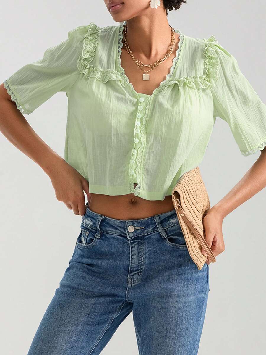 Women Short Sleeve Shirts Lace Ruffles Buttons Blouses Summer Loose Casual Tops - Green - View 1