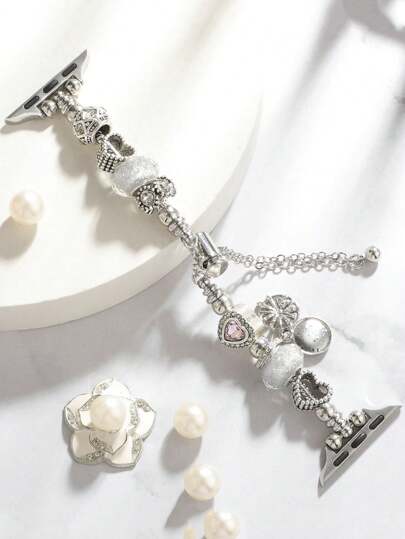 1pc Fashion Apple Watch Strap, Lovely Heart Decoration Beaded Style Bracelet For Women Compatible With Apple Watch Series 10/9/8/7/SE/6/5/4, 38mm 40mm 41mm 42mm 44mm 45mm 46mm 49mm, Smart Watch Band For Her Bracelet Wristband As Gift, Gift For Girlfriends, Adjustable Apple Watch Strap