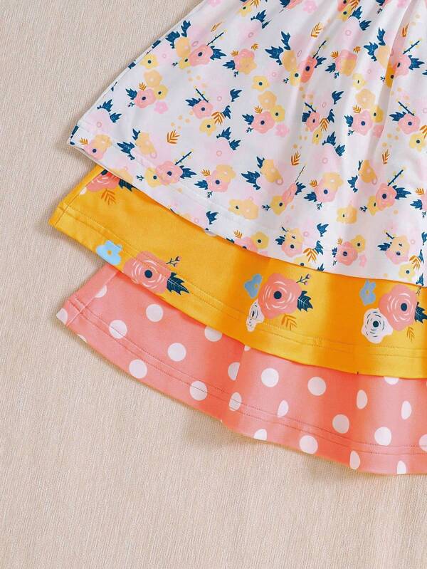 3pcs/Set Baby Girl Summer Cap Sleeve Tiny Ditsy Floral All Over Print Sweet Holiday Style Dress Set