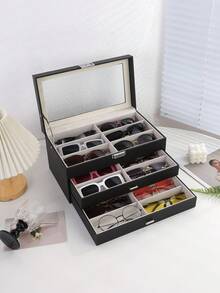 Multi-Layer High Capacity Leather Eyeglass Storage Case, 8/12/18 Grid Sunglasses Display Box, Organizer For Glasses & Sunglasses Collection