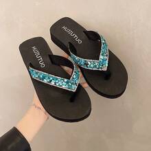 1 paire de tongs à talon compensé avec sequins bohèmes brillants pour femmes, vêtements de plage et d'extérieur pour l'été - Noir - Voir 2