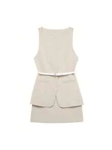DEEKA Spring/Summer New Women's Fashion Casual Dress With Waist Belt, Sleeveless Khaki Shirring Waist Solid Color Dress - Apricot - View 11