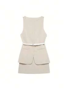 Robe décontractée avec ceinture à la taille, nouvelle mode printemps/été pour femmes. Robe unie couleur kaki sans manches avec fronces à la taille.
