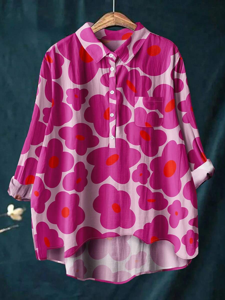 大码女式复古抽象花卉印花休闲亚麻衬衫 - 玫紅色 - 查看 1