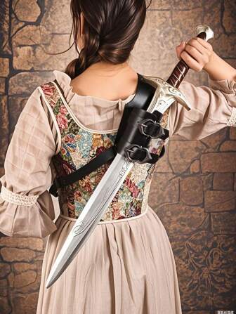 1PC Medieval Faux Leather Single Shoulder Scabbard Renaissance Vikings Knight Cosplay Sword Case Shoulder Back Scabbard Frog Frame Shoulder Sword Strap(No Swords Included)