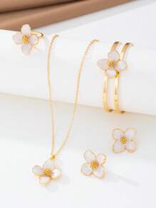 1 Stück romantisches, zierliches Resort-Stil Weißes Öltropfen Vierblatt Blume Anhänger Halskette, 1 Paar Ohrringe, 1 Ring, 1 Armband, Schmuckset für Frauen geeignet für Dates/Alltag