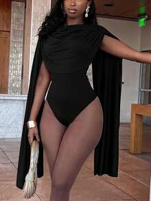 Women Summer Ruched Bodycon Elegant Bodysuit Sexy Rompers - Black - View 4