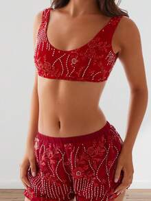 Women's Summer Sequin Bralette Slim Fit Stylish Scoop Neck Sleeveless Sparkly Crop Tops, S/M/L - Red - View 4