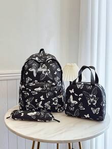 3pcs/Set Butterfly Print Women Backpack, Lunch Bag & Student Schoolbag, Large Capacity - Black and White - View 2