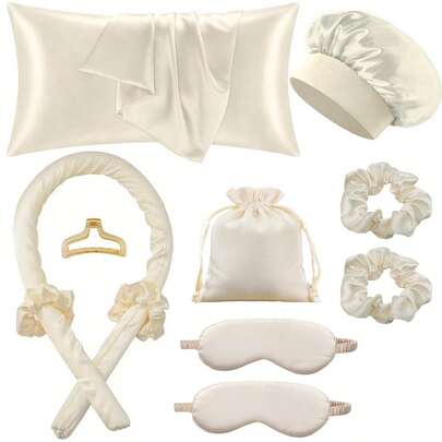 Bộ dụng cụ tạo kiểu tóc khi ngủ 10 món, bao gồm máy uốn tóc, 1 vỏ gối lụa dành cho tóc và da, bộ uốn tóc không dùng nhiệt bằng lụa, máy uốn tóc qua đêm, 1 mặt nạ ngủ mềm mại, 1 mũ ngủ bằng lụa, bộ dụng cụ thiết yếu cho giấc ngủ.