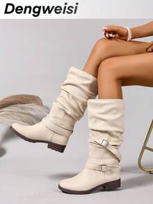 Fall/Winter Beige Striped Slip-On Flat Heel Round Toe Versatile Casual Knee-High Riding Boots, New Commuting Style,Women Boots - Beige - View 2