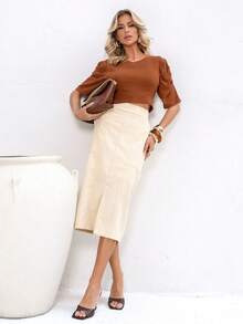 Linen Midi Skirt With Stylish Slit And Flexible Waist - Cream - View 3