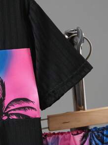 Tween Boy Colorblock Ribbed T-Shirt & Palm Tree Print Pocket Shorts 2 Pieces Set