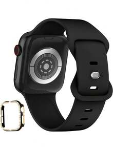 Set de 2 piezas Correa de reloj deportiva suave y cómoda de silicona para mujer con decoración de cristales de Bling y carcasa hueca glamorosa anti-caída, compatible con bandas de de 40/41/42/44/45/46/49mm, para Apple Watch Series Ultra/SE/11/10/9/8/7/6/5/4, accesorios inteligentes para relojes - Negro (sin reloj) - Ver 3