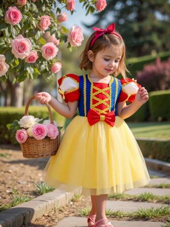 Vestito da principessa per bambine, con maniche a palloncino gialle, con ricamo e rete, elegante, adatto per feste