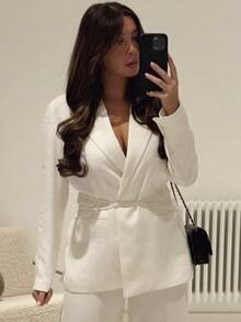 HH 女式白色翻领长袖系带西装外套 - 白色 - 查看 8