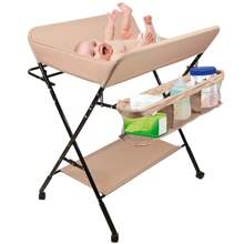 Cambiador de bebé, cambiador plegable, cambiador con cesto portaobjetos, cinturón de seguridad y 4 ruedas con freno, altura regulable 74 x 63 x 92-98 cm, apto para recién nacidos