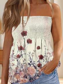 Women's Smocked Ruffle Tube Tops Floral Print Strapless Bandeau Tops Flowy Hem Shirts - Putih - View 4