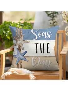 4pcs Polyester Pillowcase Set, Featuring Vintage Farmhouse Style Ocean Starfish Design With Blue And Seashell Details, Zippered Closure, Machine Washable - Ideal For Decorating Porch, Patio, Sofa And Outdoor Spaces (Pillow Inserts Not Included)