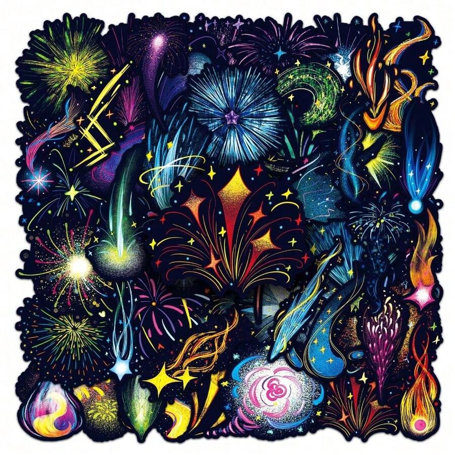 50 件彩色烟花卡通唯美涂鸦贴纸创意烟花装饰手册水杯行李贴纸学校用品，返校 - 彩色 - 查看 1