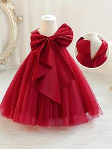 Baby Girls' Burgundy Bow Christmas Party Dress, Elegant Princess Tulle Gown, Suitable For 1st Birthday, Wedding, Banquet, Holiday Celebration - Burgundy - View 5