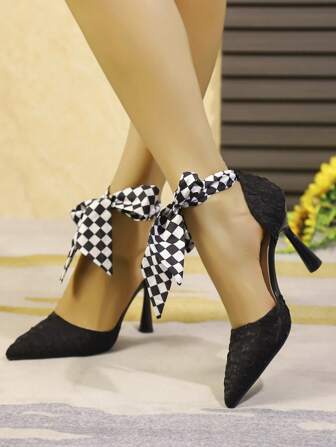 New 2025 Spring Black Pointed Toe Thin High Heel Shoes, Women's Bowknot Strap Buckle Professional Office Pumps