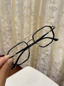 1pc Men's Casual Vintage Square Aviator Black Rimless Sunglasses, Suitable For Daily Wear And Street Photography