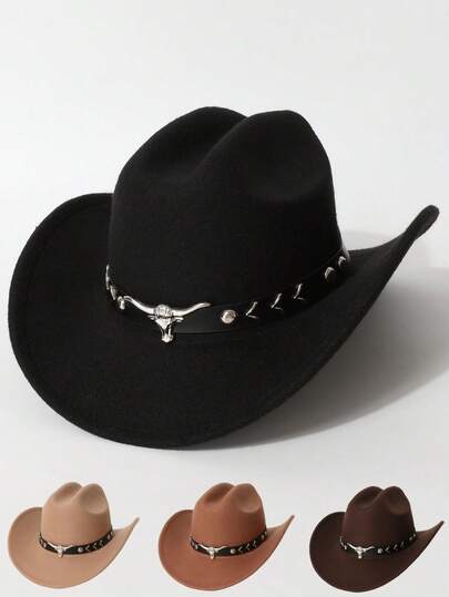 1pc Unisex Western Style Cowboy Hat, Bull PU Leather Decor, Retro Cowboy Cap Suitable For Western Party, Bar, Costume Ball, Gatherings And Everyday Wear