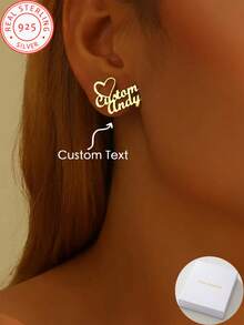 1 对 925 银定制双心形字母耳环，适合日常佩戴和特殊场合，非常适合情人节、圣诞节、母亲节、周年纪念日和生日礼物，时尚简约！ - 金黃色 - 查看 1