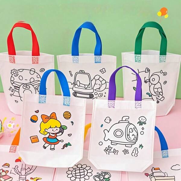 Cartoon Graffiti Gift Bags, Back To School Gifts For Students, Children Kindergarten DIY Crafts Small Gifts, Kids Painting Decorative Tote Bags, Blank Coloring Bags For Primary School, Creative DIY Painting Gift Bags (Random Style & Color), Birthday Gifts, 2025 New Year, Back To School Supplies, Back To School Season Gifts