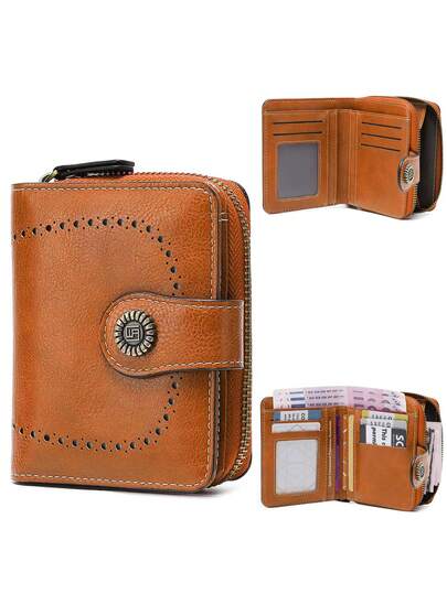 MIYIN 复古镂空对折女士钱包，时尚多功能短款钱包，拉链手拿包，便携商务休闲风格，带卡槽和拉链口袋，可装信用卡/身份证/现金，女士生日/周年纪念礼物