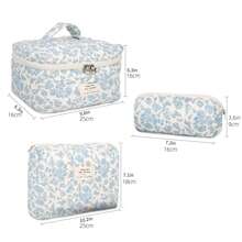 3pcs Makeup Bag Quilted Cosmetic Bag Silk Ribbon Large Floral Make Up Bag For Women Bow Cotton Makeup Bag Set Flower Travel Toiletry Bag - Màu xanh lam - Xem 7