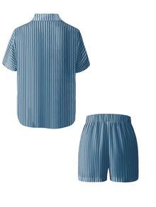VIVINA 女士时尚休闲度假两件套，亚麻条纹翻领短袖开衫衬衫上衣和松紧腰口袋短裤，女士休闲度假装