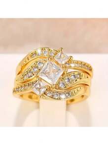Set de 3 anillos de moda exquisitos de color dorado - Regalo de aniversario, conjunto de joyería nupcial, de compromiso y de boda