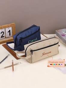 1 pieza Estuche de lápices de lona de unicolor personalizado con bordado multifuncional, estuche de lápices personalizado con texto personalizado - gran capacidad, bolsa de almacenamiento - perfecto para útiles escolares, esenciales de oficina, multifuncional