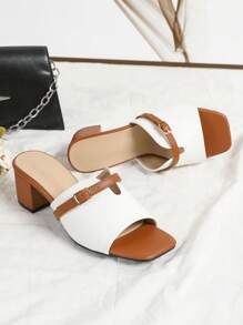Fashion Colorblock Simple Slip-On Sandals, Women's Open Toe Square Toe Chunky Heel Sandals