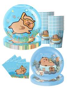 10 件水豚生日派对装饰 - 可爱卡通水豚派对餐具套装包括一次性纸盘和餐巾，男女生日派对装饰用品，适合夏季海滩派对、家庭泳池派对、户外派对，