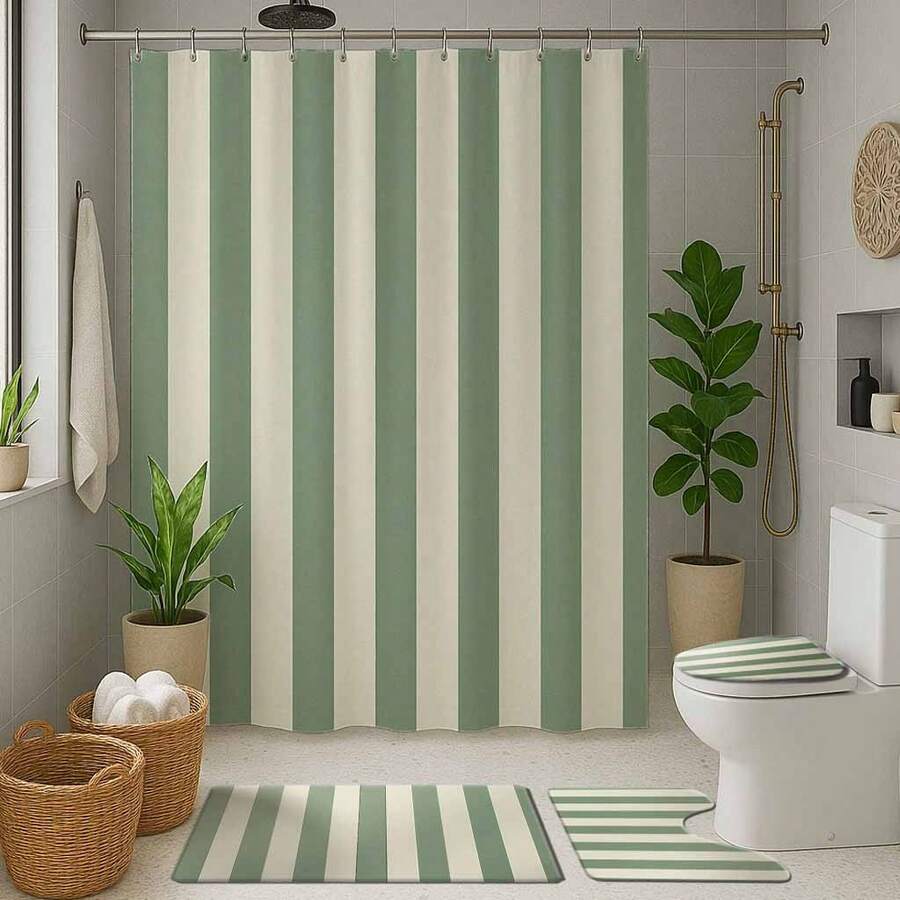1/4pcs White And Green Stripe Theme Bathroom Curtain Set, Polyester Waterproof Shower Curtain, Bathroom Decor, Easily Washable Curtain With Hooks, Fashionable Door/Window Curtain, Shower Room Divider Curtain, Machine Washable Bathroom Accessories Back To School