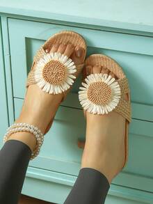 女士休闲平底拖鞋、夏季凉鞋、穆勒鞋、奢华一脚蹬圆头凉鞋 - 薑色 - 查看 2