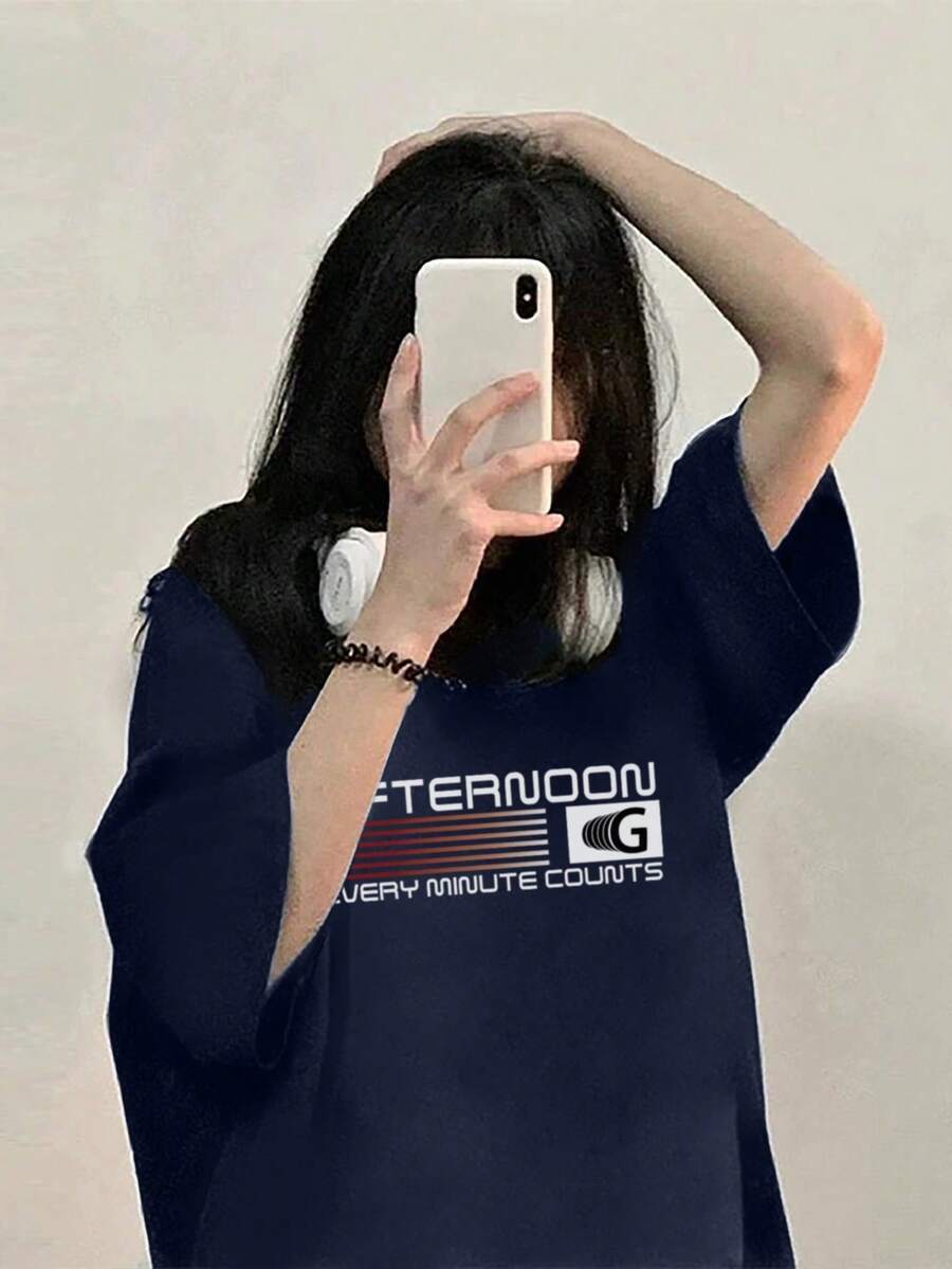 200g Pure Cotton T-Shirt 2025 Summer Ladies New Short Sleeve Pure Cotton Holiday Pattern Short Sleeve Round Neck Couple Wear Small Shirt Tops - 深藍色 - 查看 1