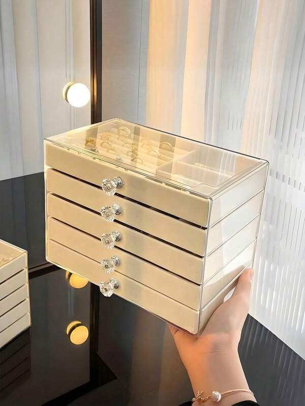 1 pieza, Caja de joyería de 3 compartimentos y 5 capas de terciopelo, caja de almacenamiento de joyas para collares, pendientes, anillos, regalo para mujeres y niñas, gran capacidad, portátil, caja de almacenamiento de baño, cajón de almacenamiento de escritorio, caja de almacenamiento apilable, caja de joyería de 3 capas de acrílico y franela