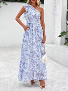 Women Summer Dress Floral One Shoulder Sleeveless Smocked Ruffle Flowy Long Dress With Pocket Boho Beach Vacation Holiday Wedding Guest Valentine Maxi Dress Outfits - Màu xanh lam - Xem 3