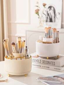 1pc 360° Rotating Makeup Organizer - 5 Compartments Bathroom Vanity Caddy, Elegant Plastic Cosmetic Organizer For Brushes, Lipsticks, Skincare - 4 Color Options, Hand Washable, Cosmetic Storage Box | Modern Aesthetic | Plastic Back To School
