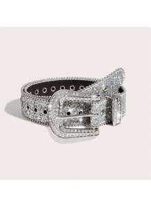 1pc 2.8" Width Rhinestone Glittering Silver Denim Belt For Dresses