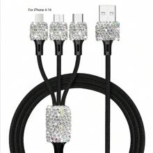 1 pièce Chargeur de voiture 2-en-1/8-en-1 avec strass, câble de charge 3-en-1 avec strass, charge rapide, Type C, USB, adaptateur de voiture, compatible avec Apple, téléphone, caméra de tableau de bord, iPad, GPS, cadeau pour les vacances/anniversaire