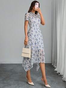 Đầm Gothic cổ điển in họa tiết lưới phối nhiều mảnh, cổ cao, eo cao, vạt bất đối xứng, dành cho nữ, thanh lịch mùa hè. - Màu xanh lam - Xem 4