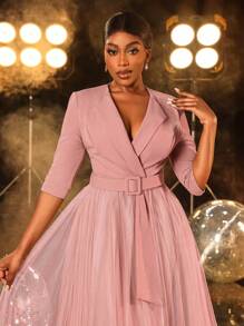 Faeriesty Elegante vestido de cóctel midi con cuello cruzado y cinturón