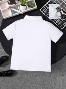 Young Boy Classic Casual Ivy League Style White Short Sleeve Shirt, Formal Events, Gatherings, Performances, Dress